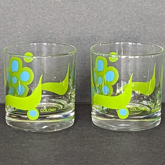 Set of 2 Vintage Colony Glass Barware Glasses Flower Power Daisy Blue and Green - Picture 4 of 7
